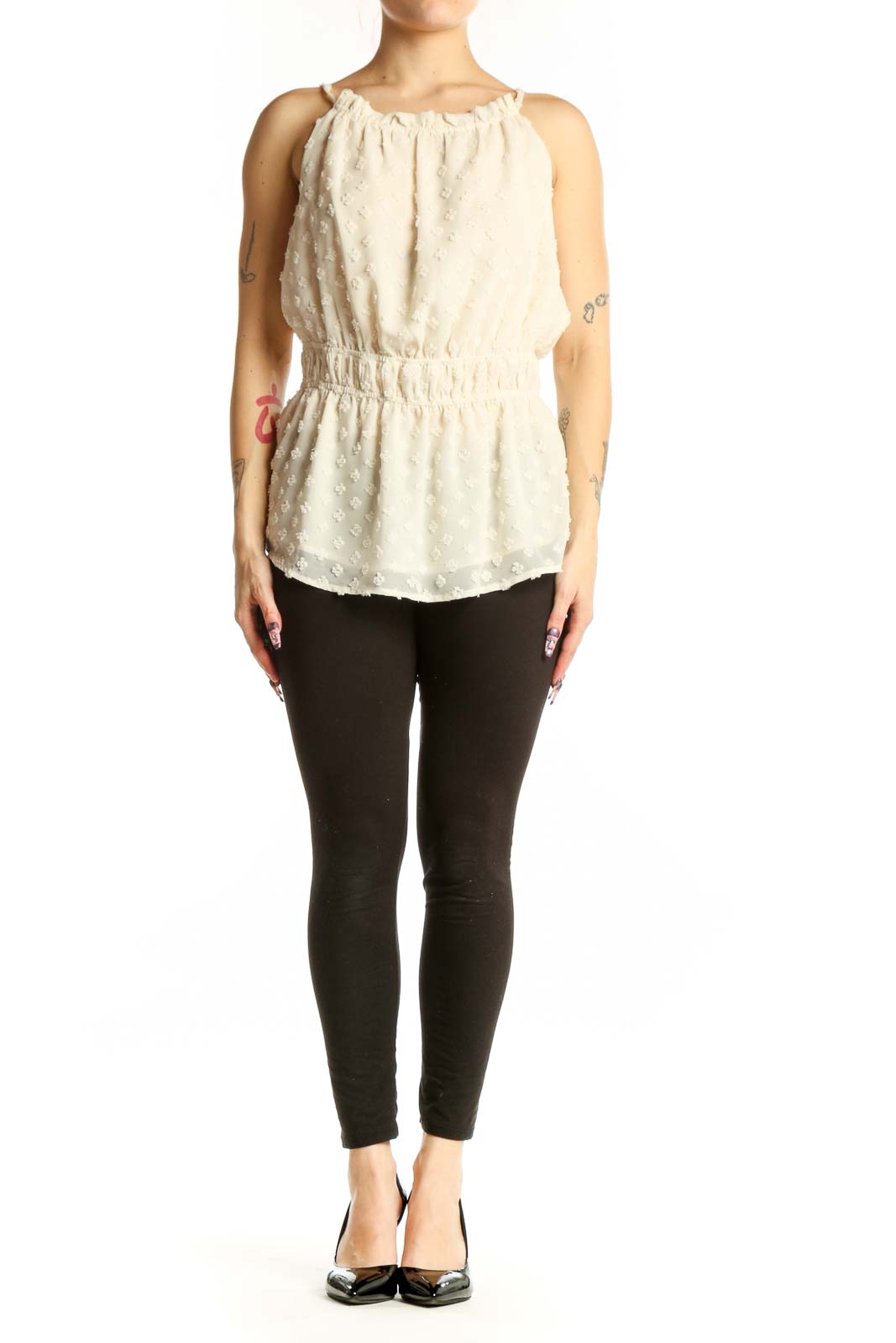 Cream beaded sleeveless blouse with off-shoulder neckline and cinched waist, front view