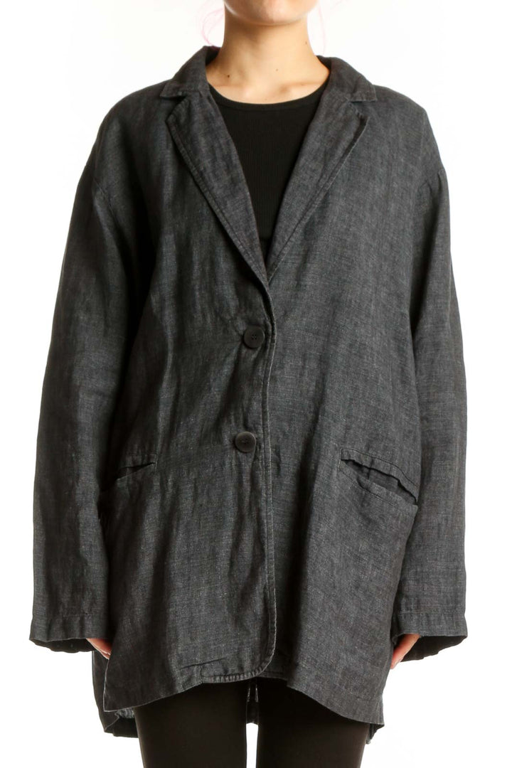 Charcoal organic linen blazer by Eileen Fisher with two-button closure and notched lapels, front view
