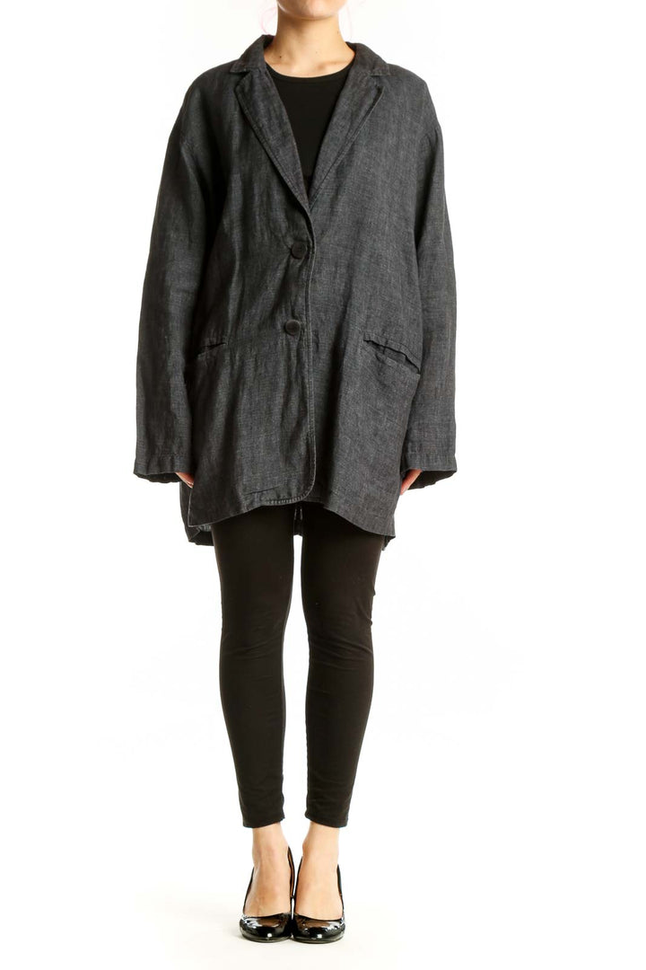 Charcoal organic linen blazer by Eileen Fisher with two-button closure and notched lapels, front view