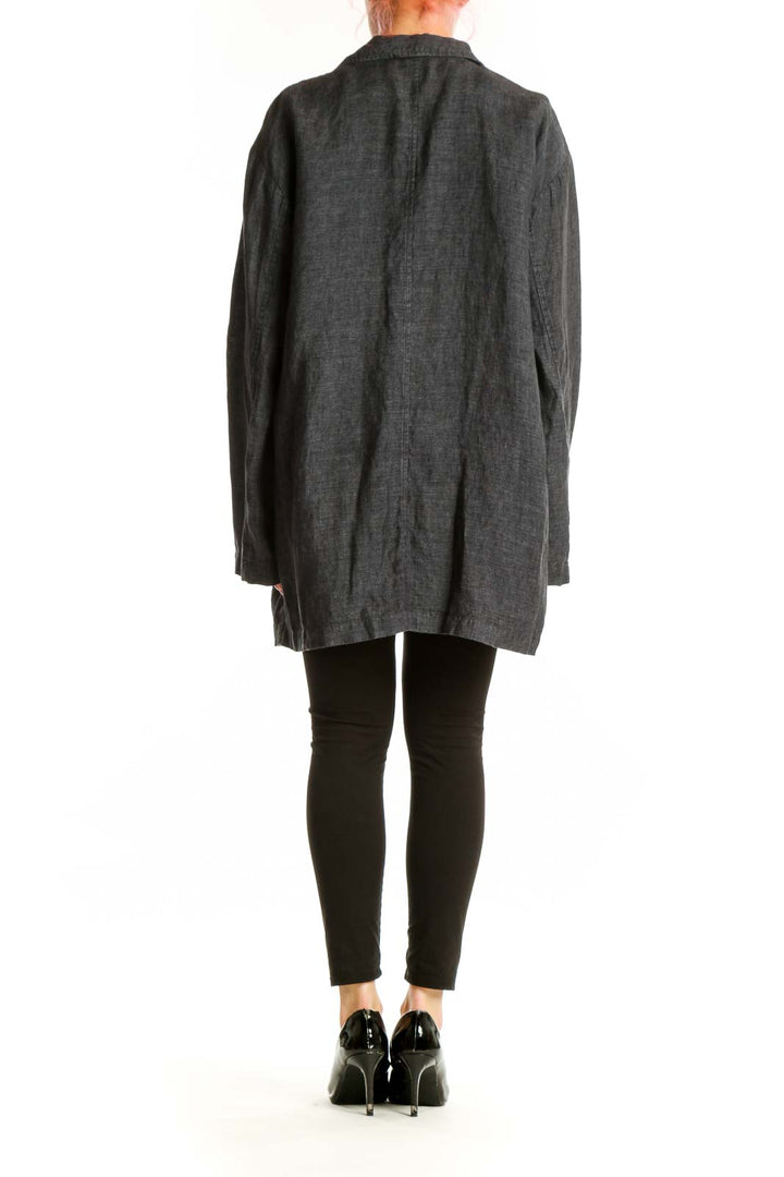 Charcoal organic linen blazer by Eileen Fisher with functional pockets, back view
