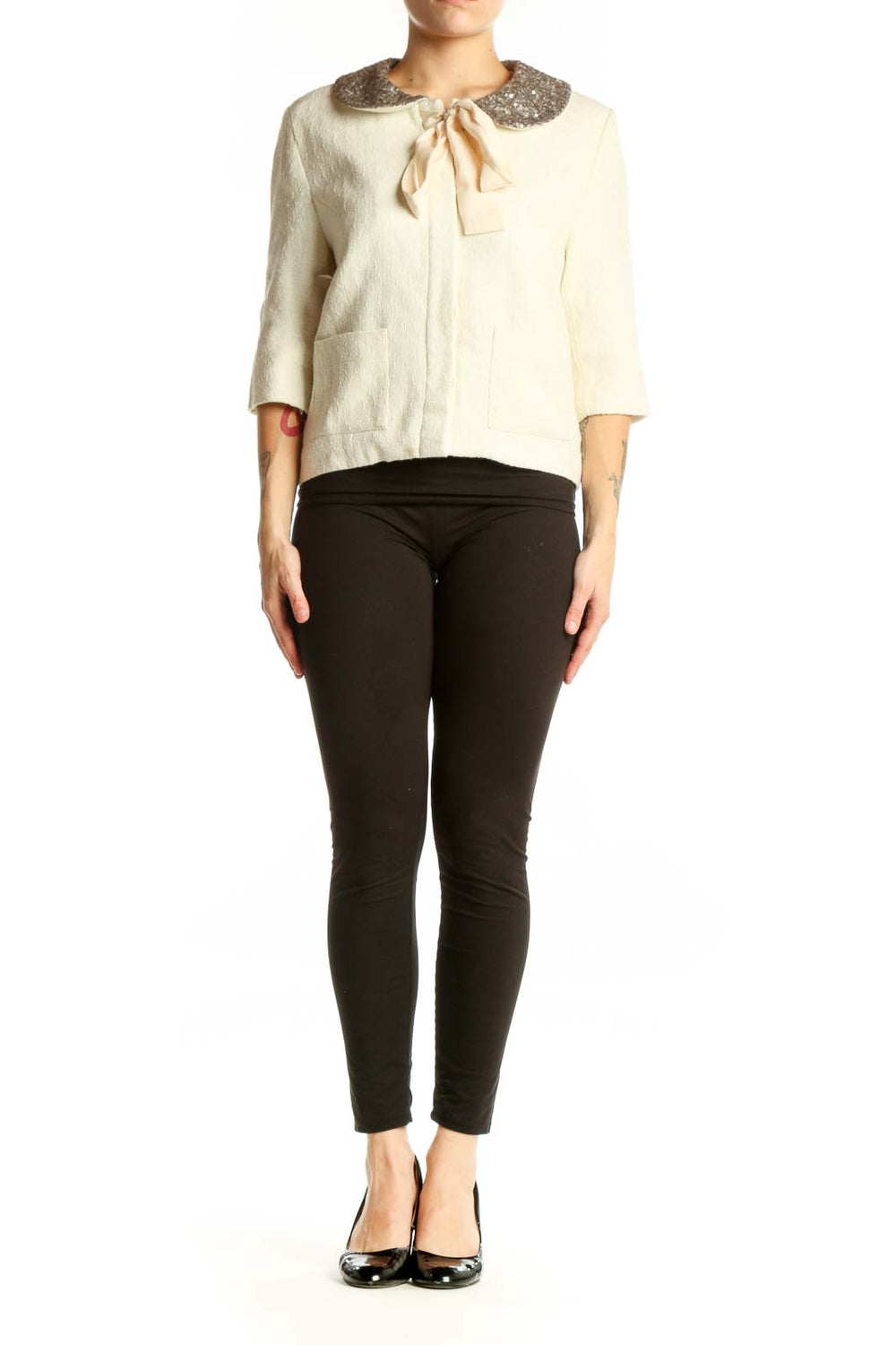 Cream wool blend jacket with sequin Peter Pan collar and cream silk bow tie, front view