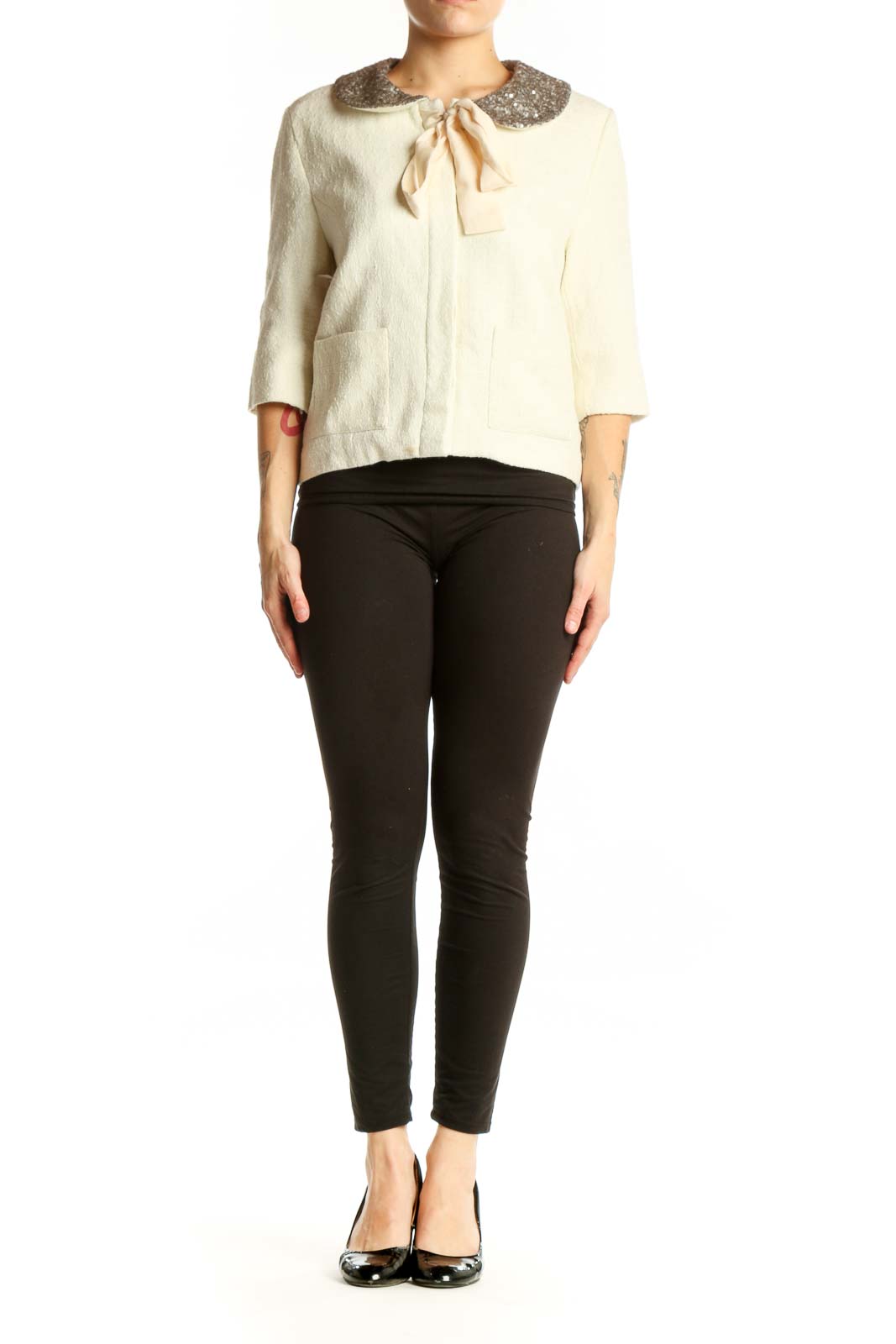 Cream wool blend jacket with sequin Peter Pan collar and cream silk bow tie, front view