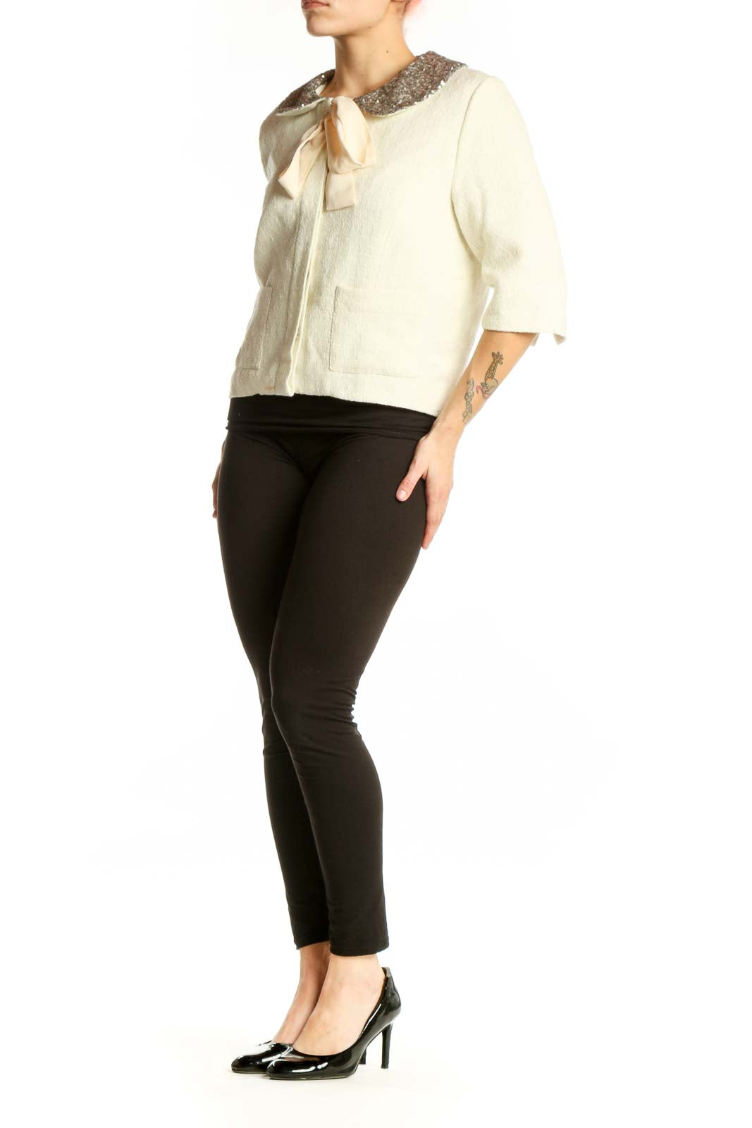 Cream wool blend jacket with sequin Peter Pan collar and cream silk bow tie, front view