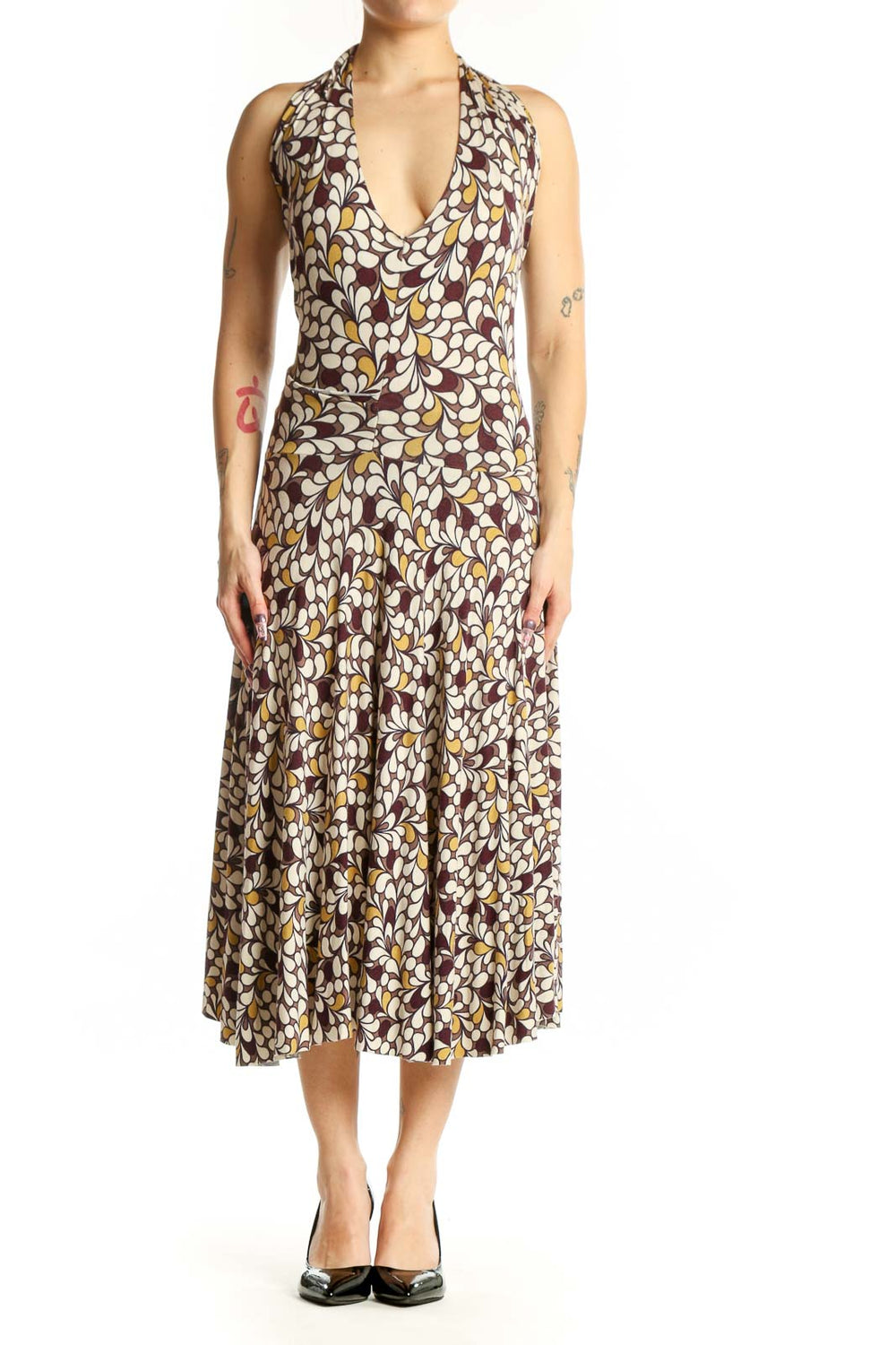 Brown floral halter midi dress with multicolor botanical print and draped cowl neckline, front view