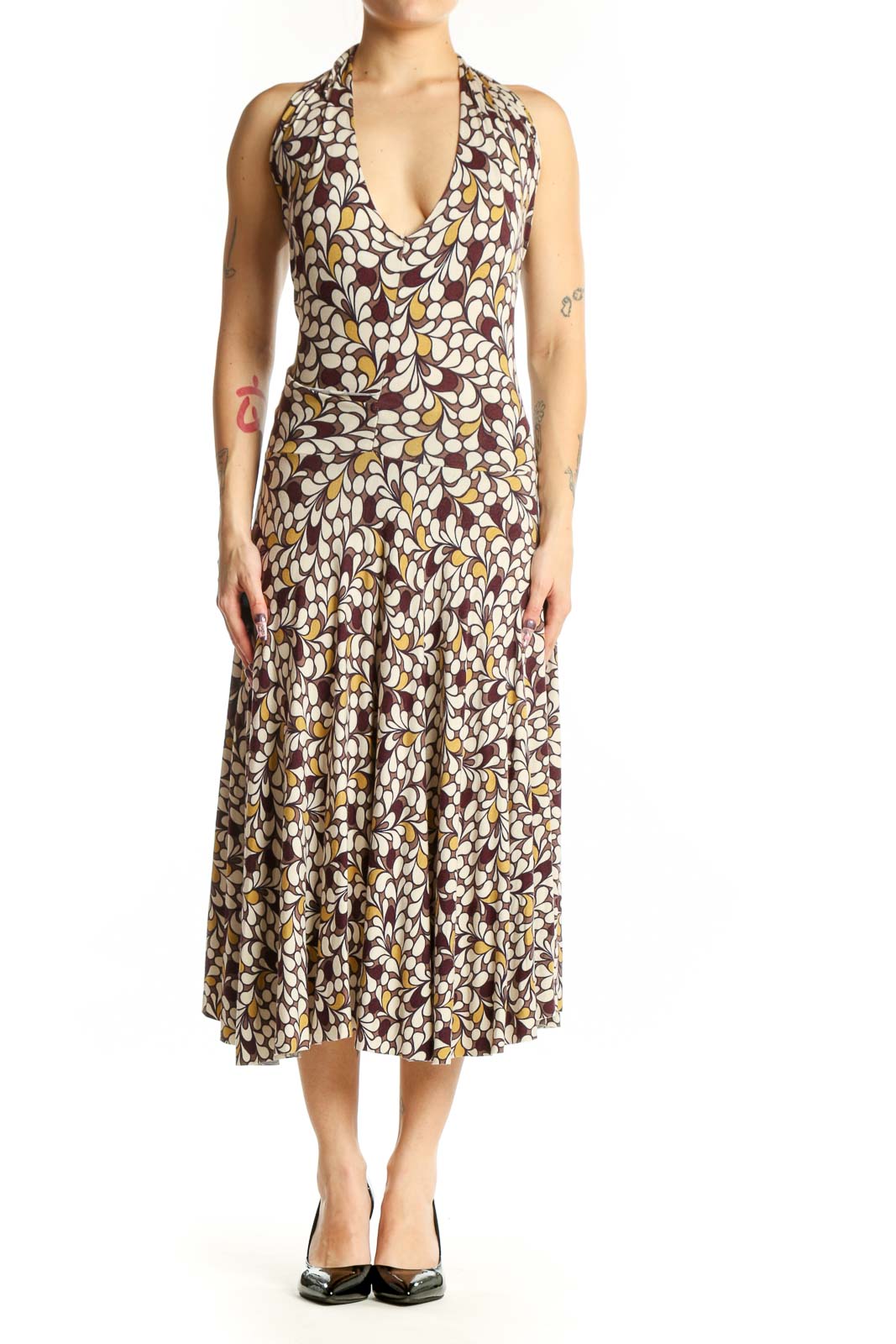 Brown floral halter midi dress with multicolor botanical print and draped cowl neckline, front view