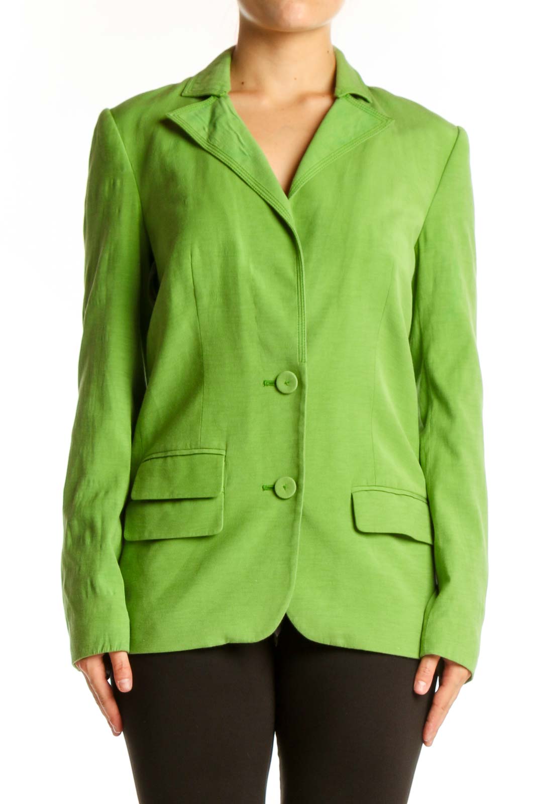 Front view of lime green button-front blazer by Magaschoni Collection with notch lapels and patch pockets