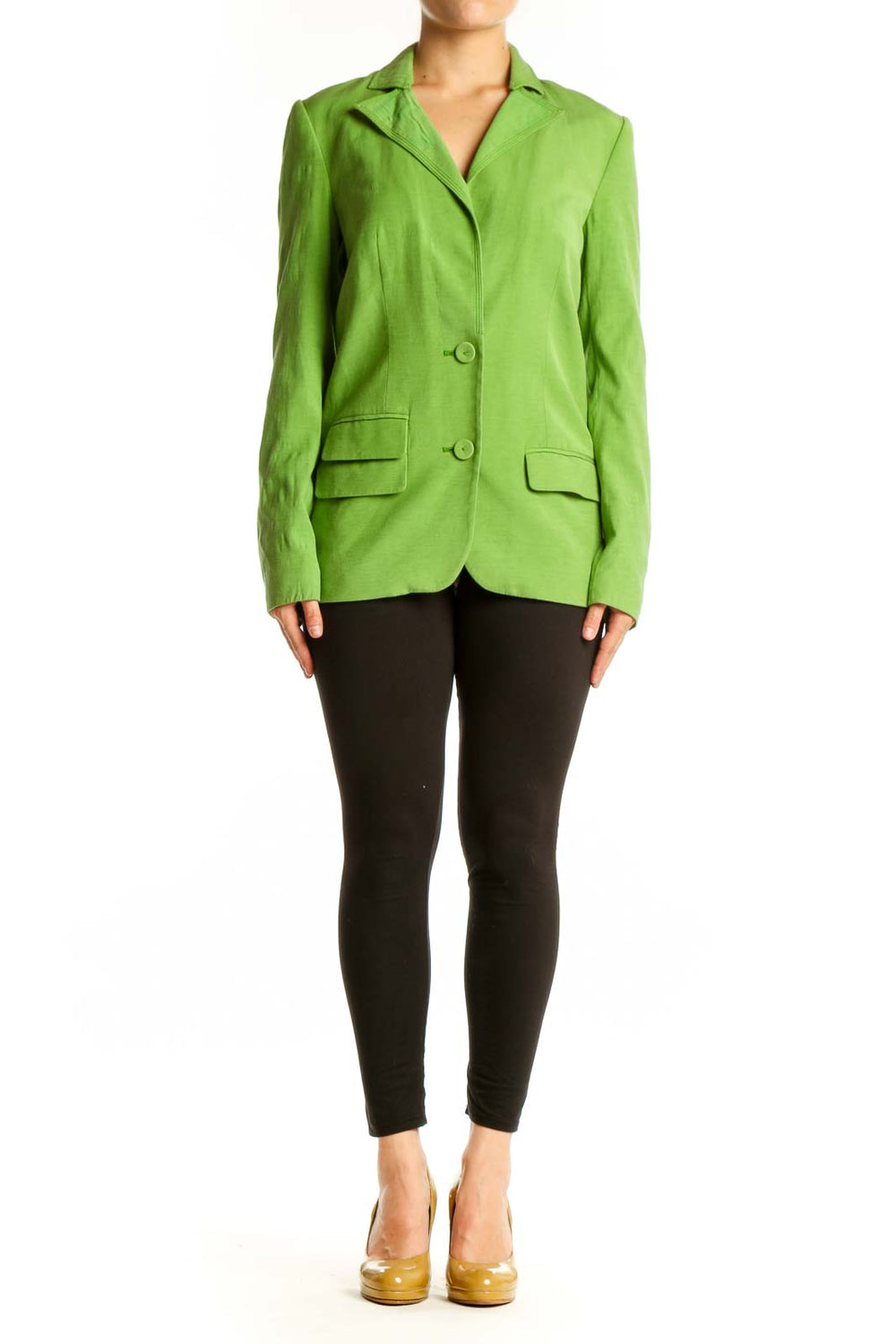 Front view of lime green button-front blazer by Magaschoni Collection with notch lapels and patch pockets
