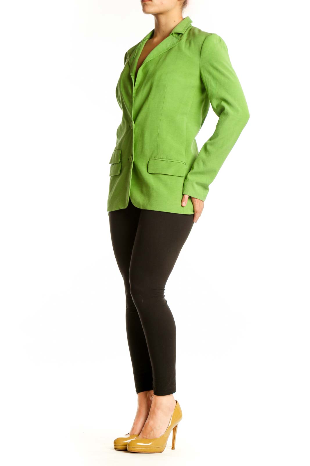 Front view of lime green button-front blazer by Magaschoni Collection with notch lapels and patch pockets