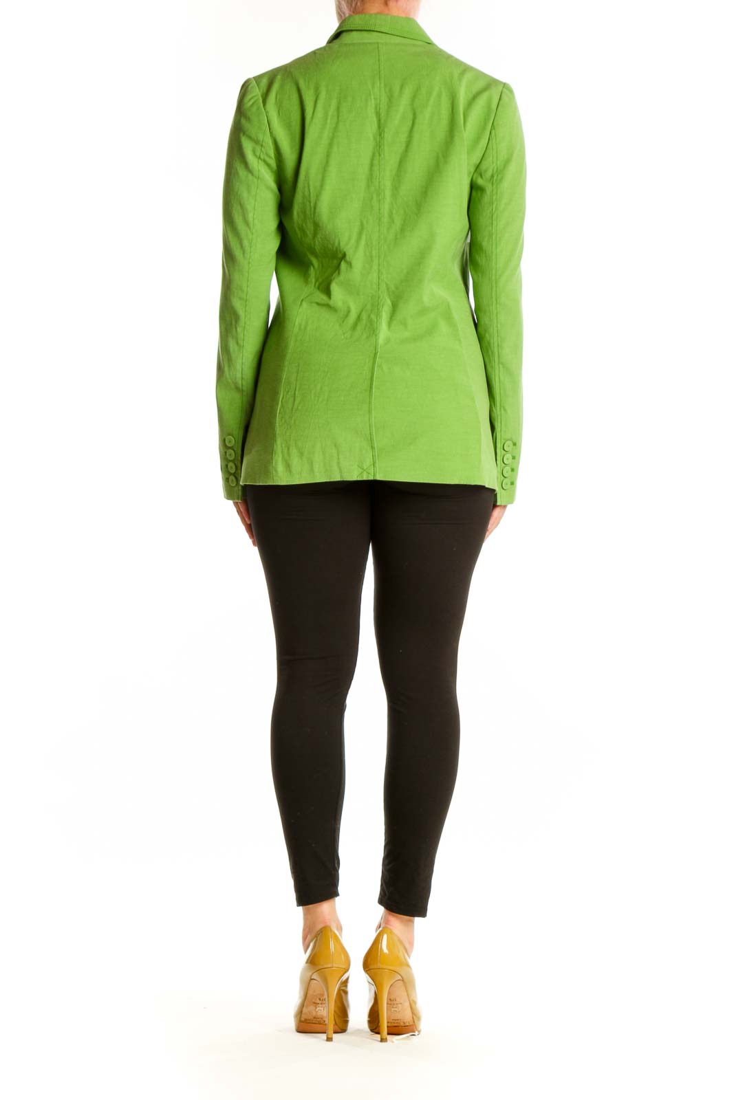 Back view of lime green tailored blazer showing structured silhouette and button-front closure
