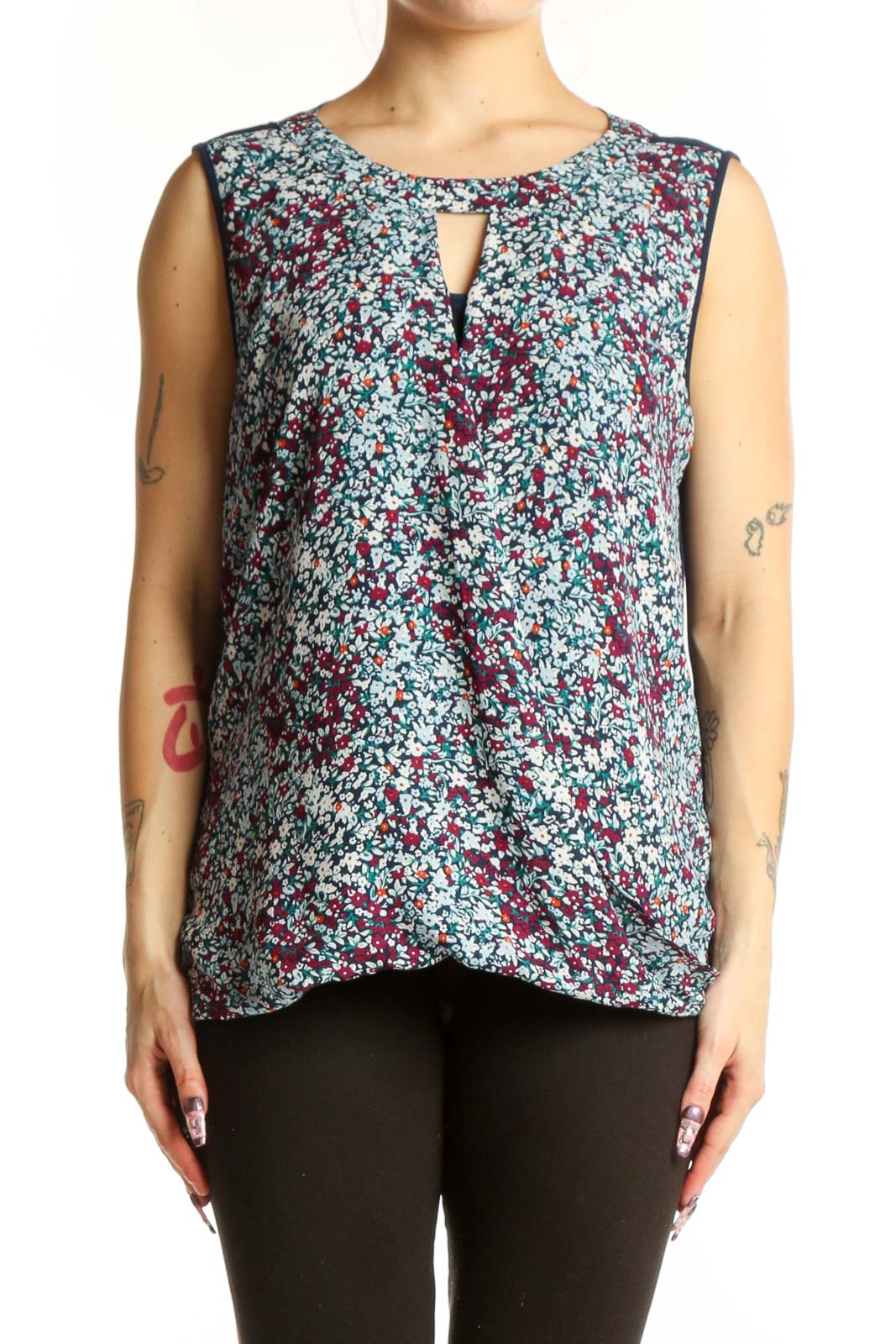 Multicolor floral print sleeveless tank top with keyhole neckline, front view on model