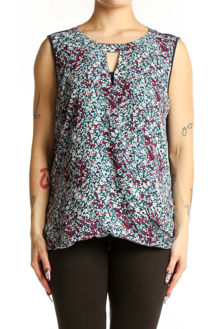Multicolor floral print sleeveless tank top with keyhole neckline, front view on model