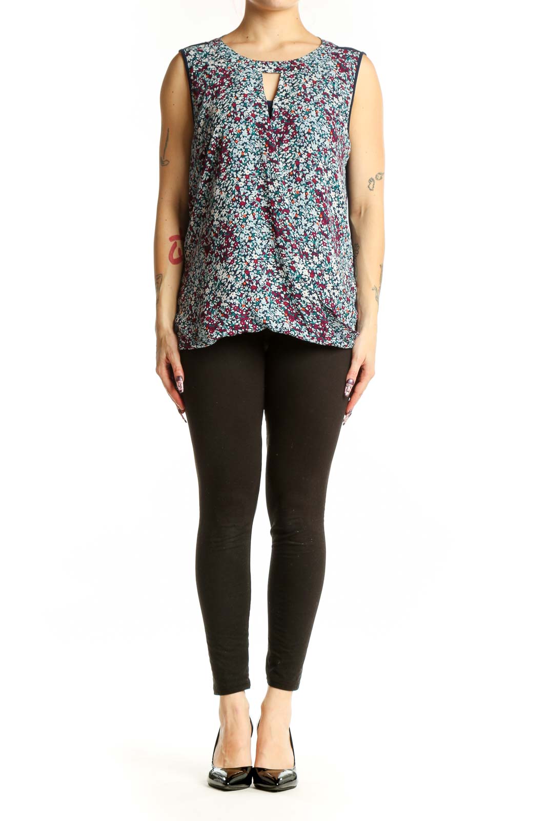 Multicolor floral print sleeveless tank top with keyhole neckline, front view on model