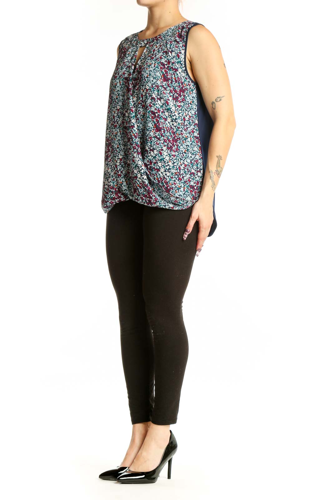 Multicolor floral print sleeveless tank top with keyhole neckline, front view on model