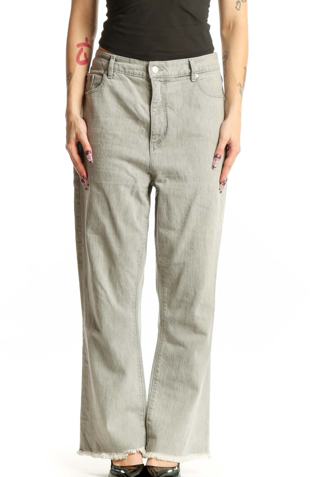 Front view of light gray LOFT denim jeans with relaxed fit and frayed hem, size XL