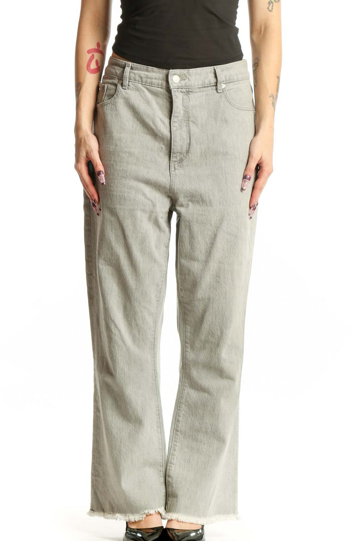 Front view of light gray LOFT denim jeans with relaxed fit and frayed hem, size XL