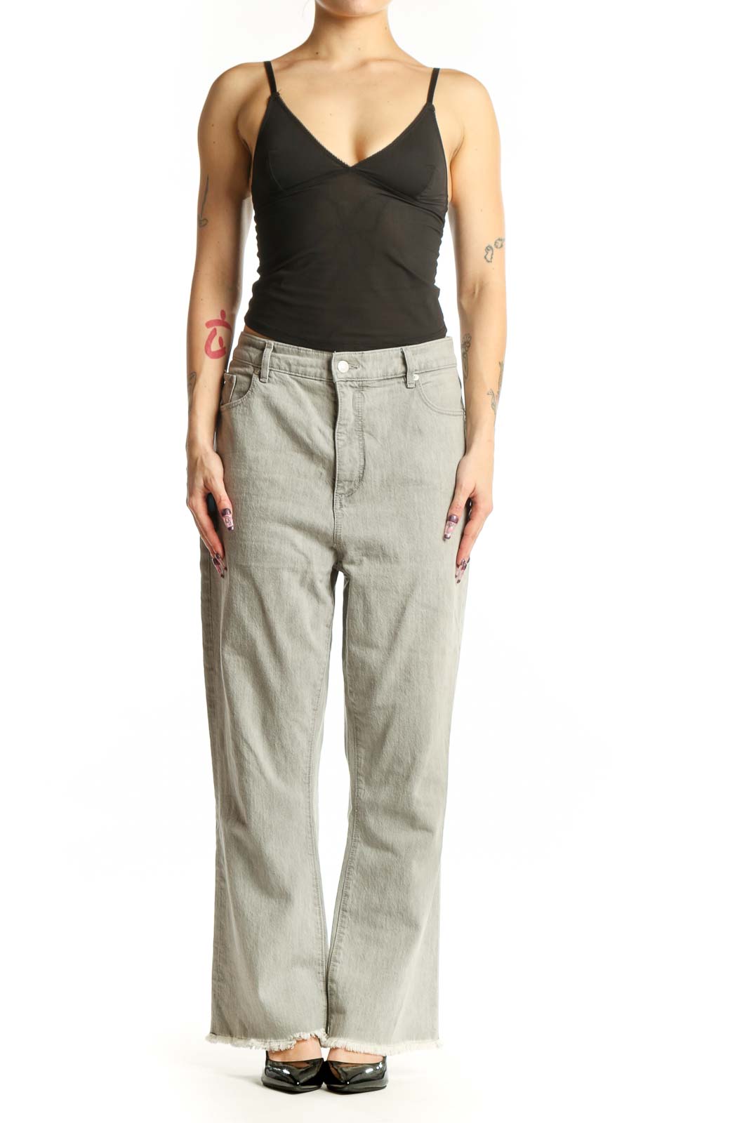 Front view of light gray LOFT denim jeans with relaxed fit and frayed hem, size XL