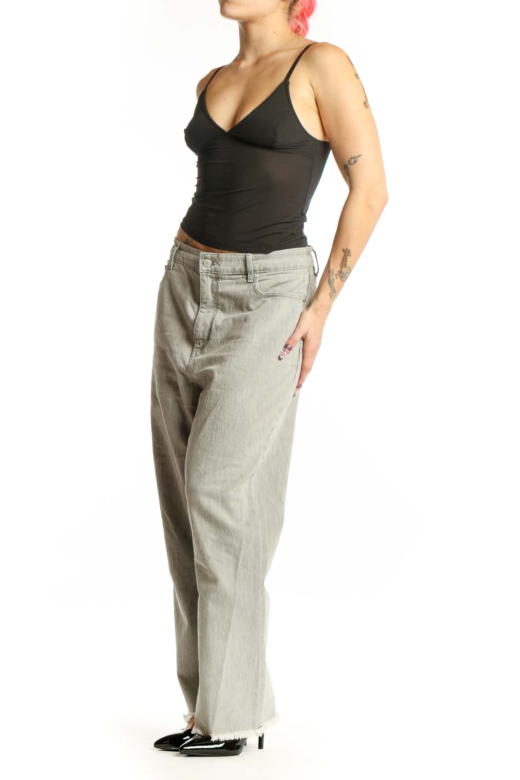 Front view of light gray LOFT denim jeans with relaxed fit and frayed hem, size XL