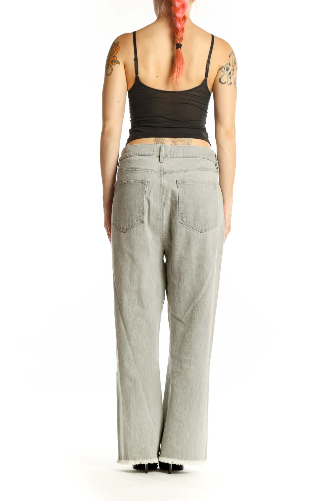 Back view of light gray LOFT denim jeans showing five-pocket design and relaxed silhouette