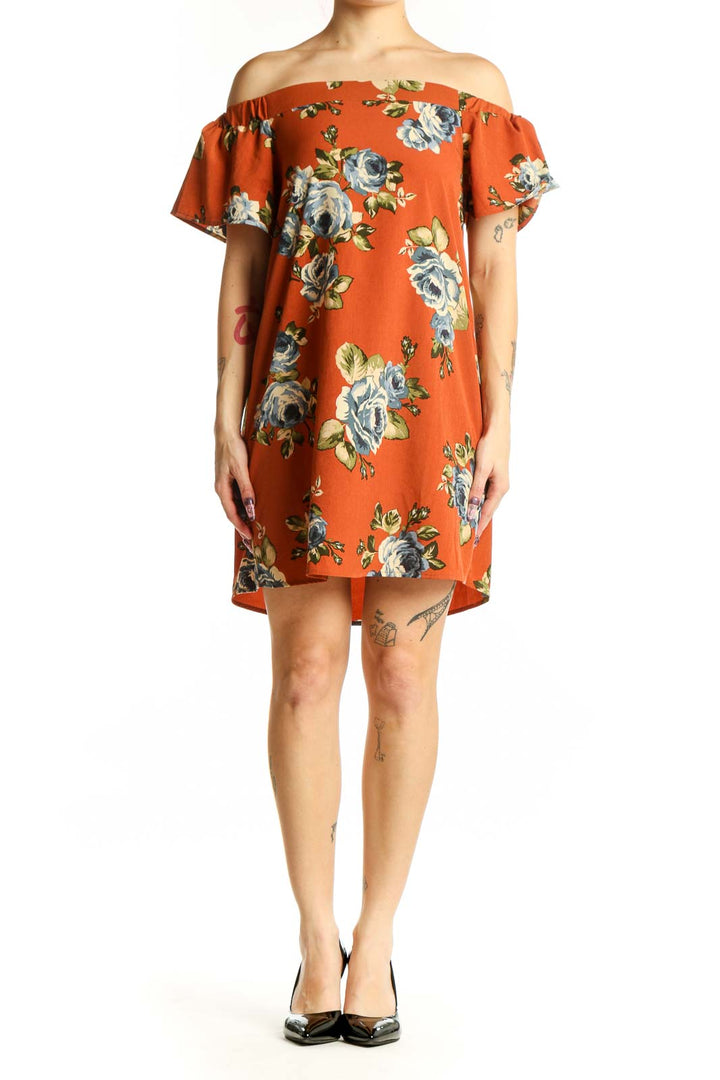Orange floral off-shoulder dress with ruffled short sleeves and high-low hemline, front view