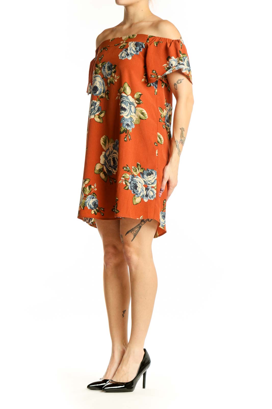 Orange floral off-shoulder dress with ruffled short sleeves and high-low hemline, front view