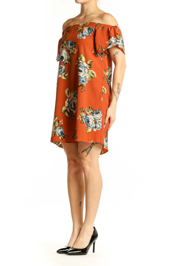 Orange floral off-shoulder dress with ruffled short sleeves and high-low hemline, front view