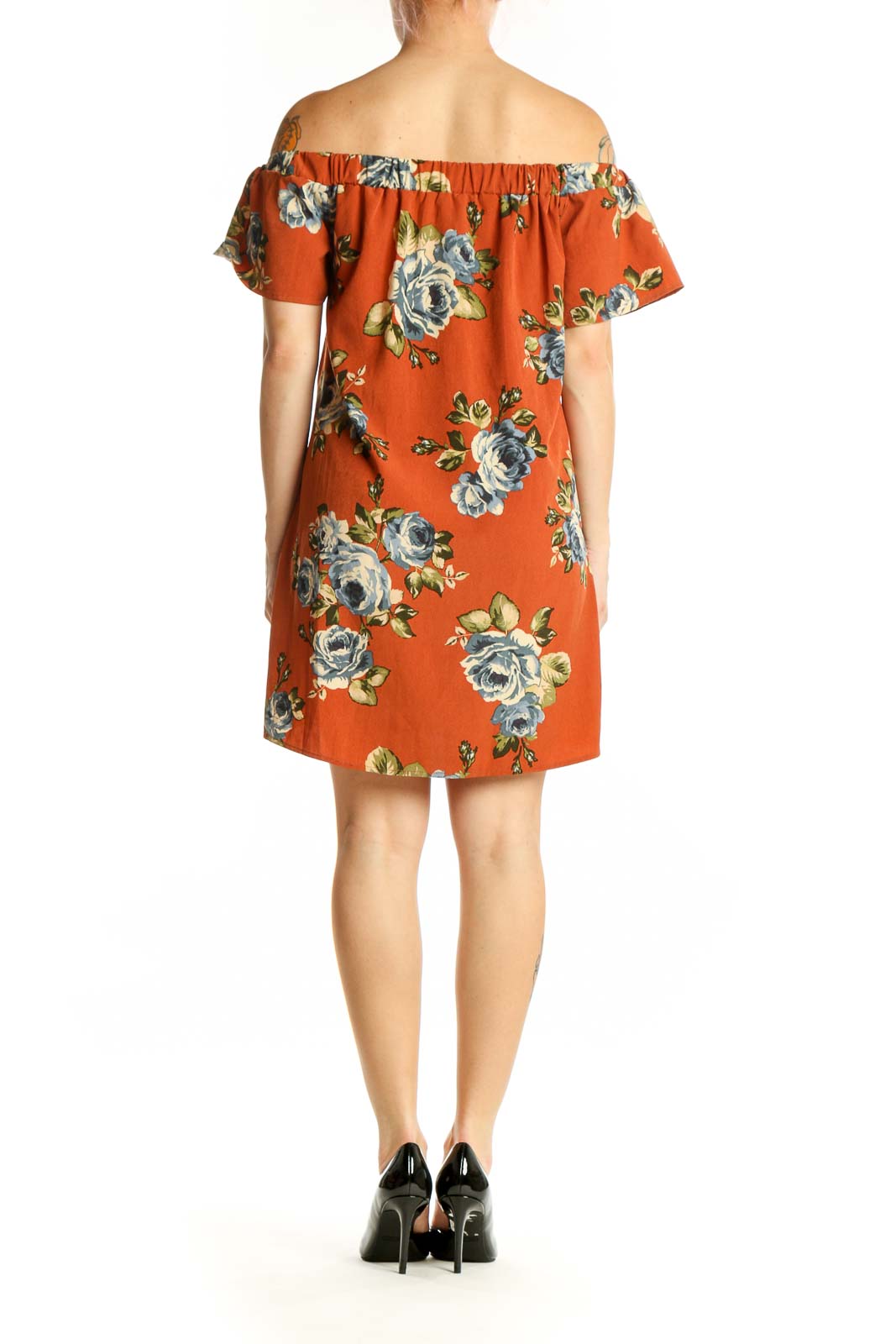Orange floral off-shoulder dress with ruffled short sleeves and high-low hemline, back view