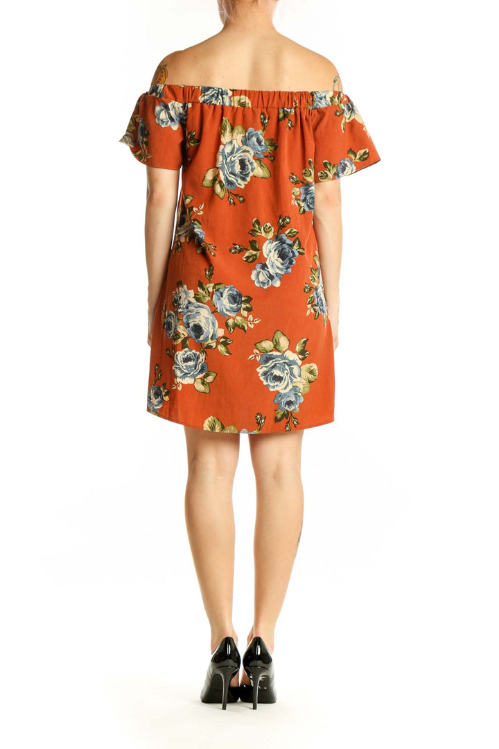 Orange floral off-shoulder dress with ruffled short sleeves and high-low hemline, back view