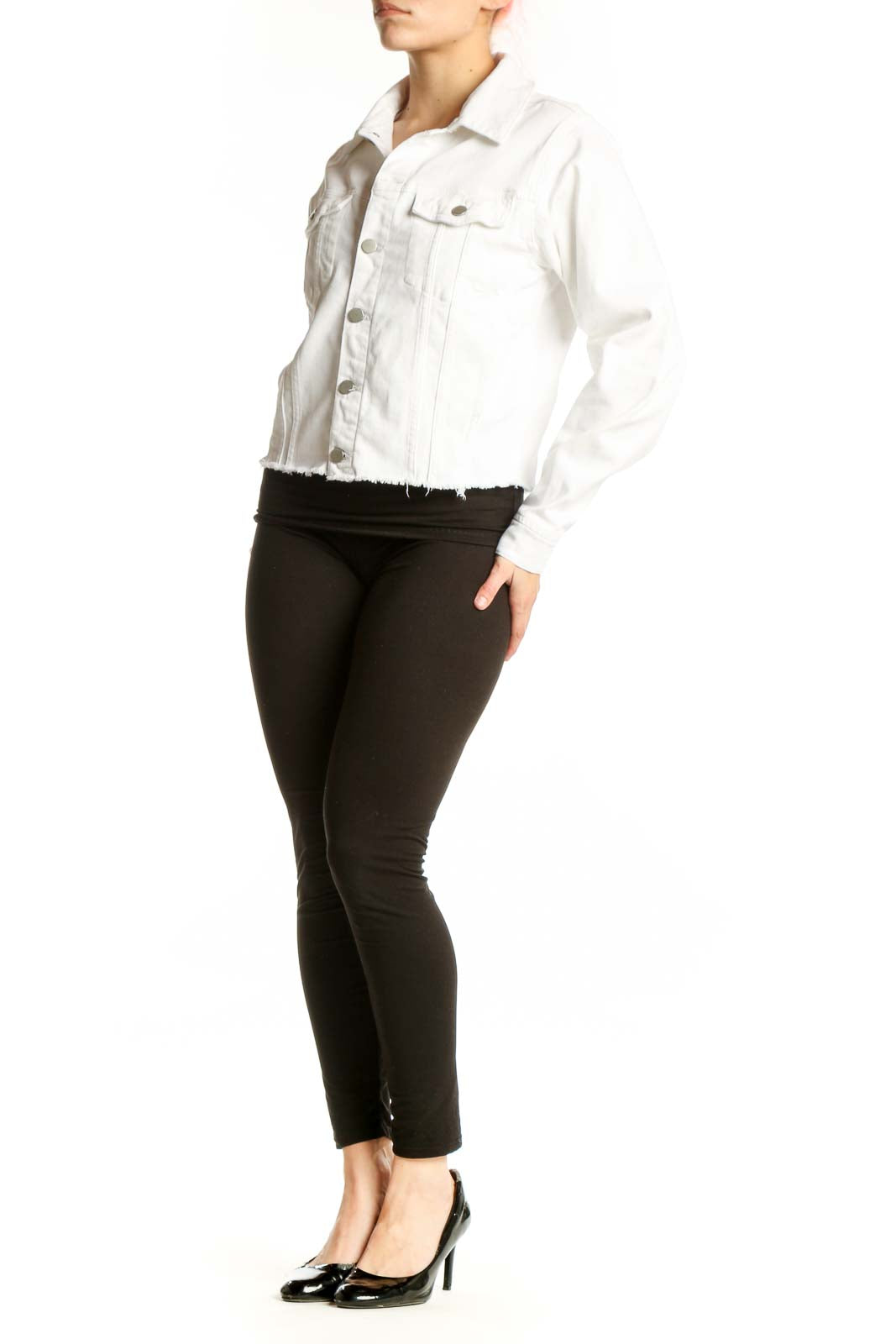 White cropped denim jacket by DL1961 with button-front closure and dual chest pockets, worn with black pants