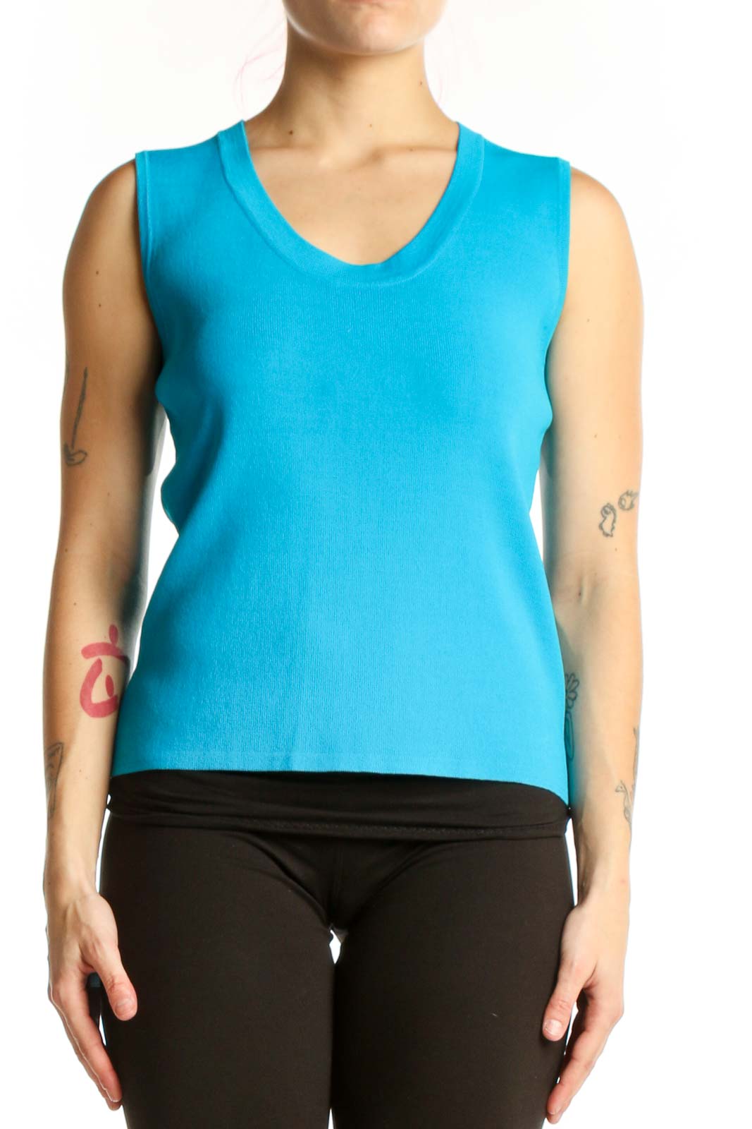 Blue V-neck sleeveless tank top by JOSEPH A. worn on model, front view
