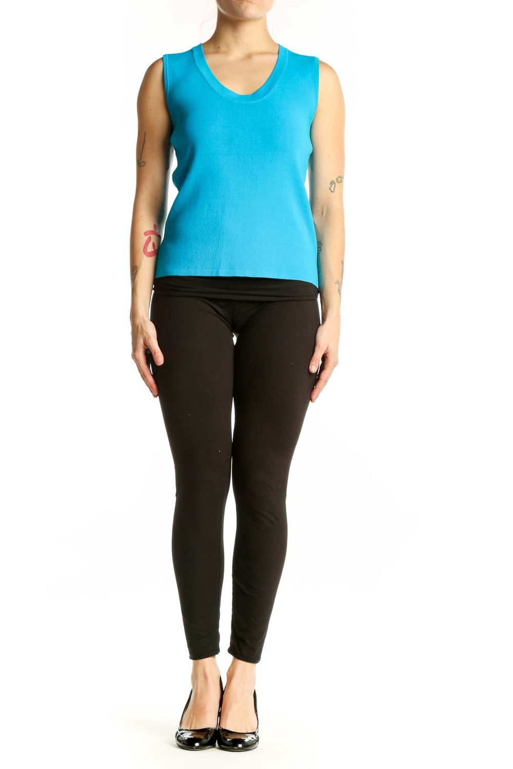 Blue V-neck sleeveless tank top by JOSEPH A. worn on model, front view