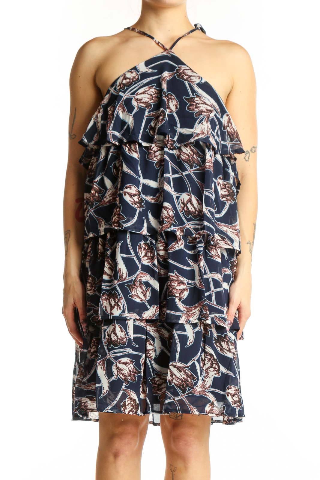 Navy floral halter dress with cascading ruffle detailing on front bodice
