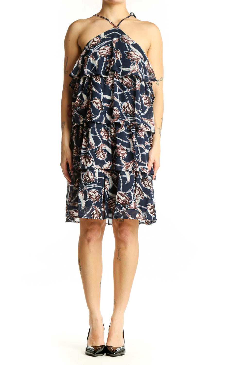 Navy floral halter dress with cascading ruffle detailing on front bodice