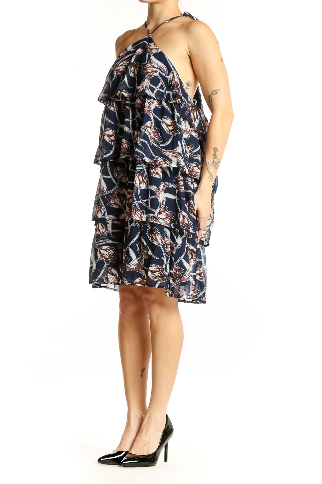 Navy floral halter dress with cascading ruffle detailing on front bodice