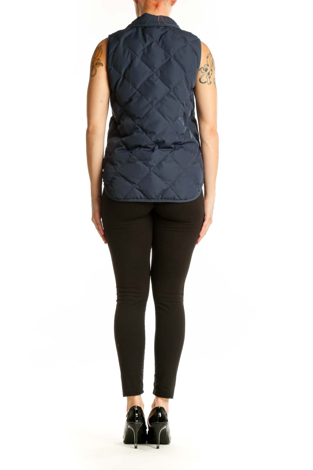Navy quilted puffer vest with drawstring hem detail, back view
