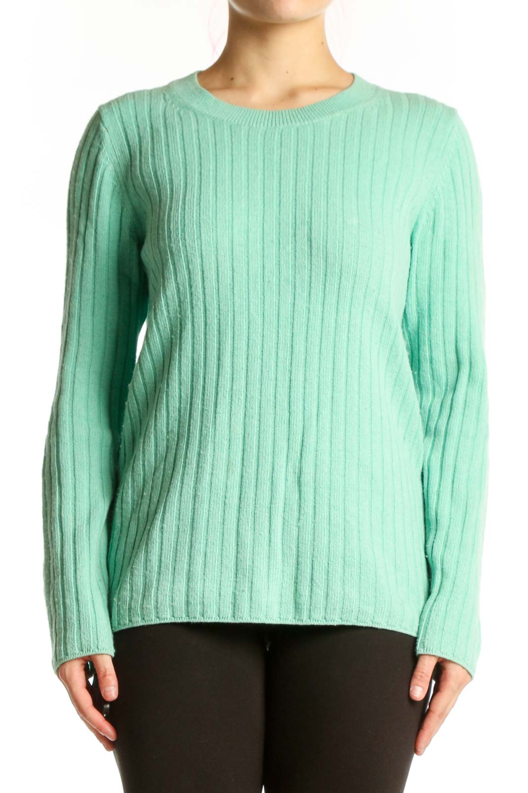 Mint green ribbed cashmere pullover by Banana Republic, front view showing crew neckline and long sleeves