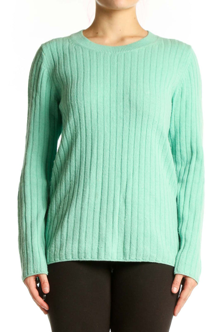Mint green ribbed cashmere pullover by Banana Republic, front view showing crew neckline and long sleeves