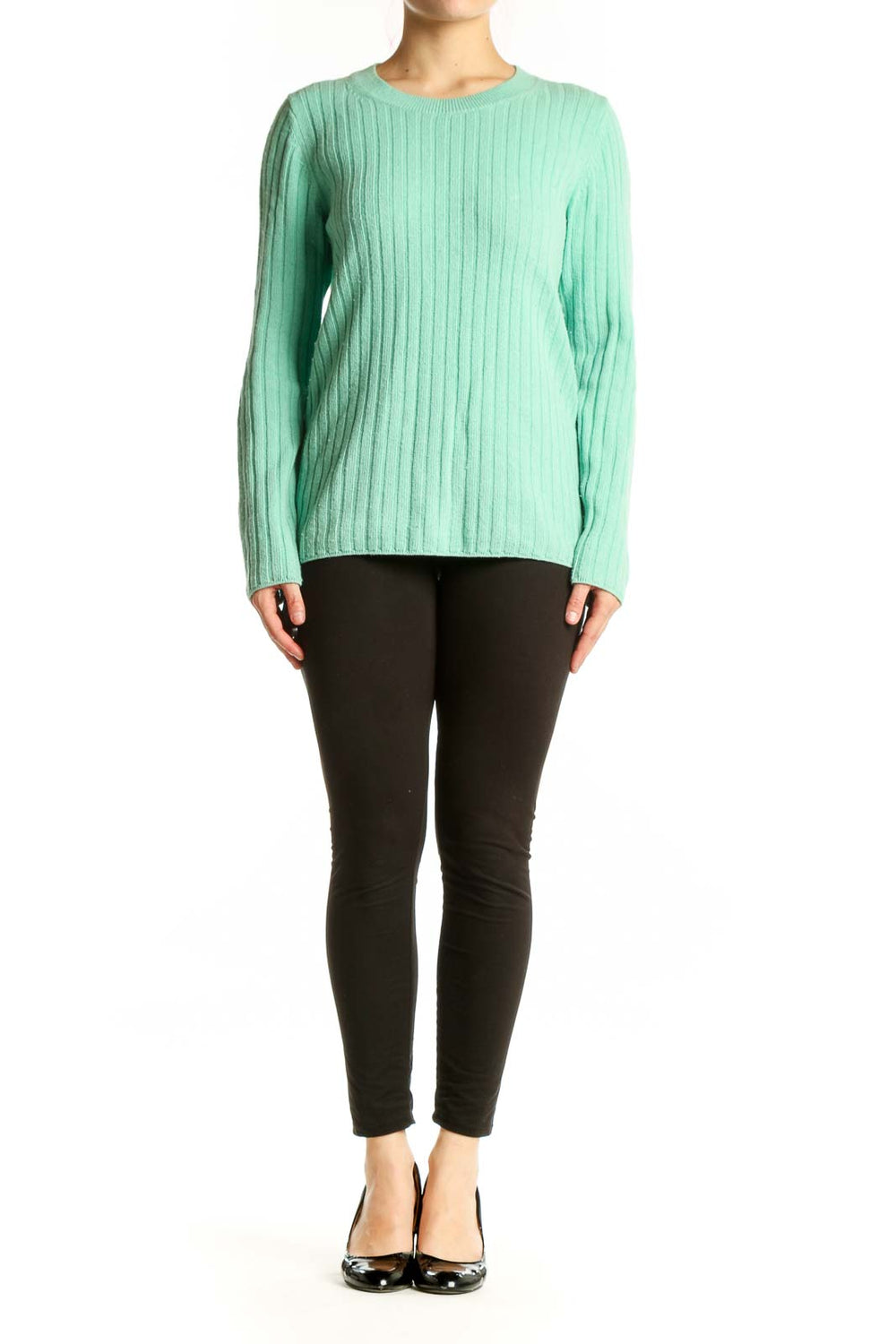 Mint green ribbed cashmere pullover by Banana Republic, front view showing crew neckline and long sleeves