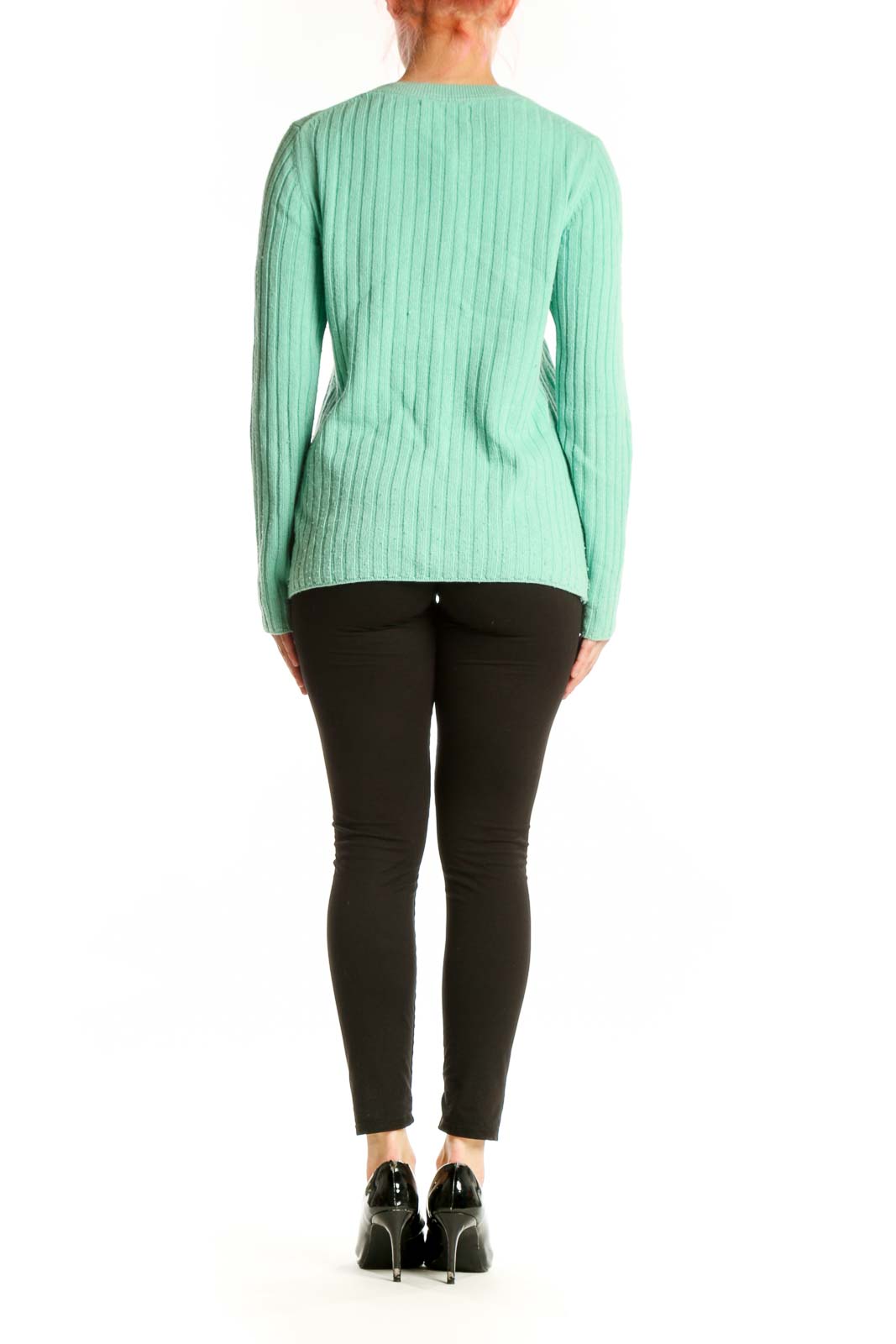 Mint green ribbed cashmere pullover by Banana Republic, back view displaying relaxed fit and ribbed texture