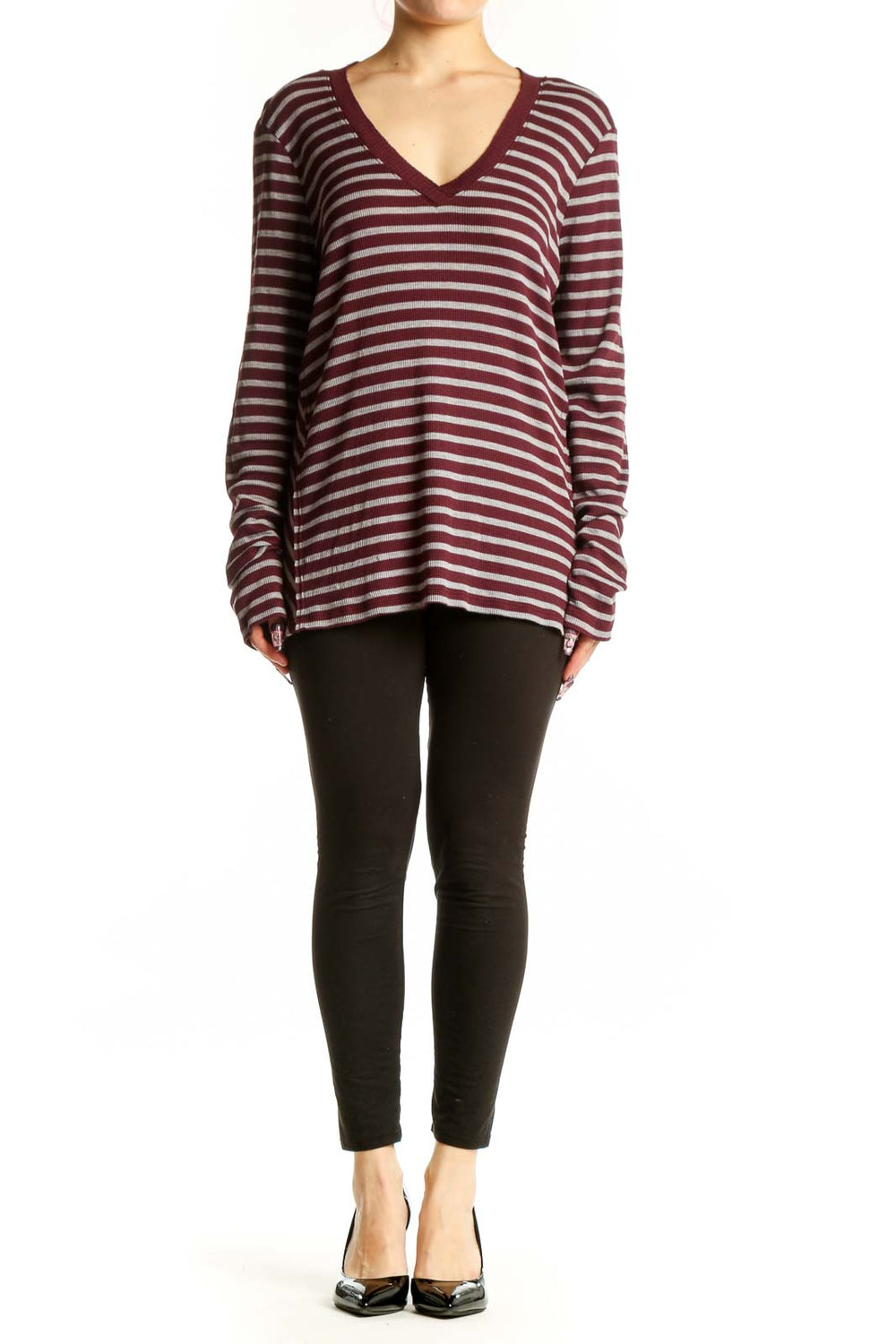 Burgundy and cream striped V-neck long sleeve top by Michael Stars, front view on model