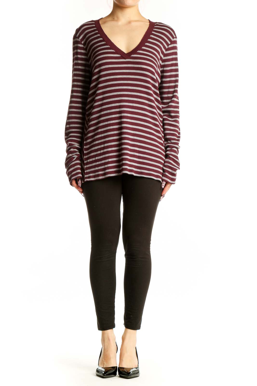 Burgundy and cream striped V-neck long sleeve top by Michael Stars, front view on model