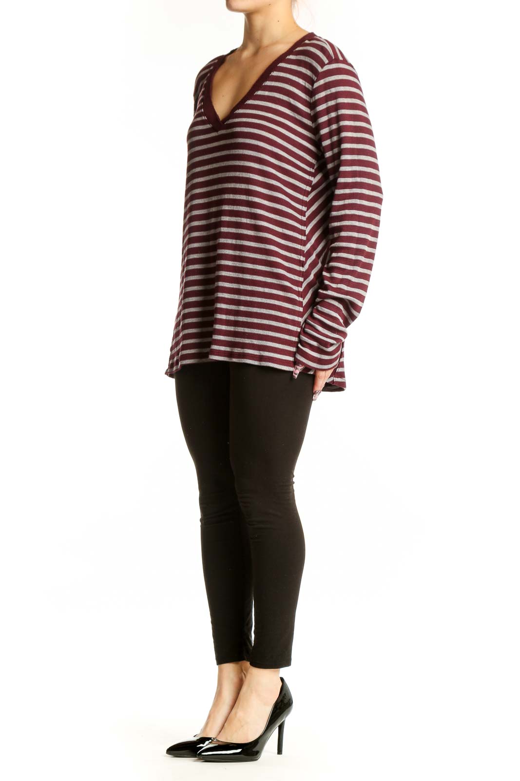 Burgundy and cream striped V-neck long sleeve top by Michael Stars, front view on model