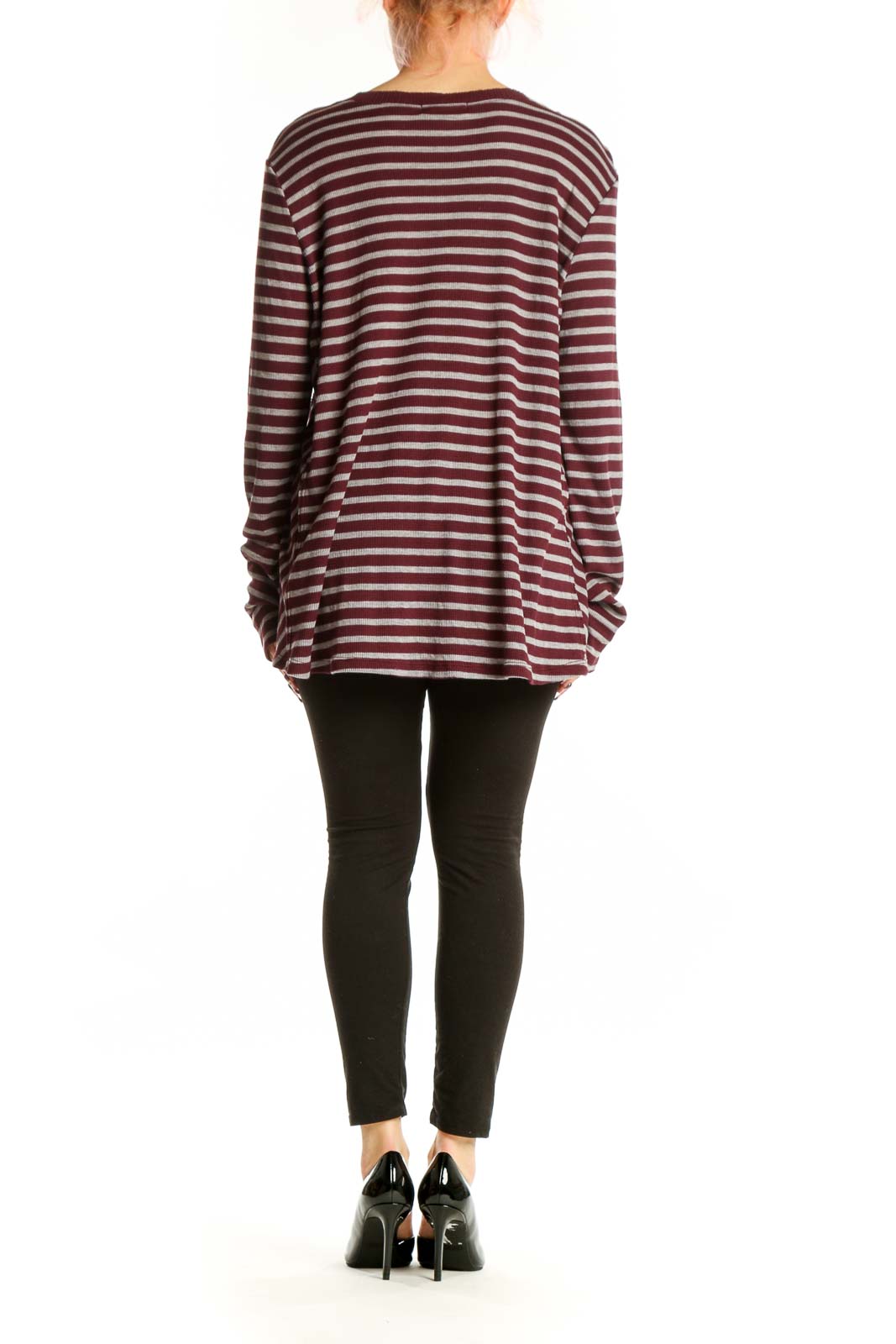 Burgundy and cream striped V-neck long sleeve top by Michael Stars, back view on model