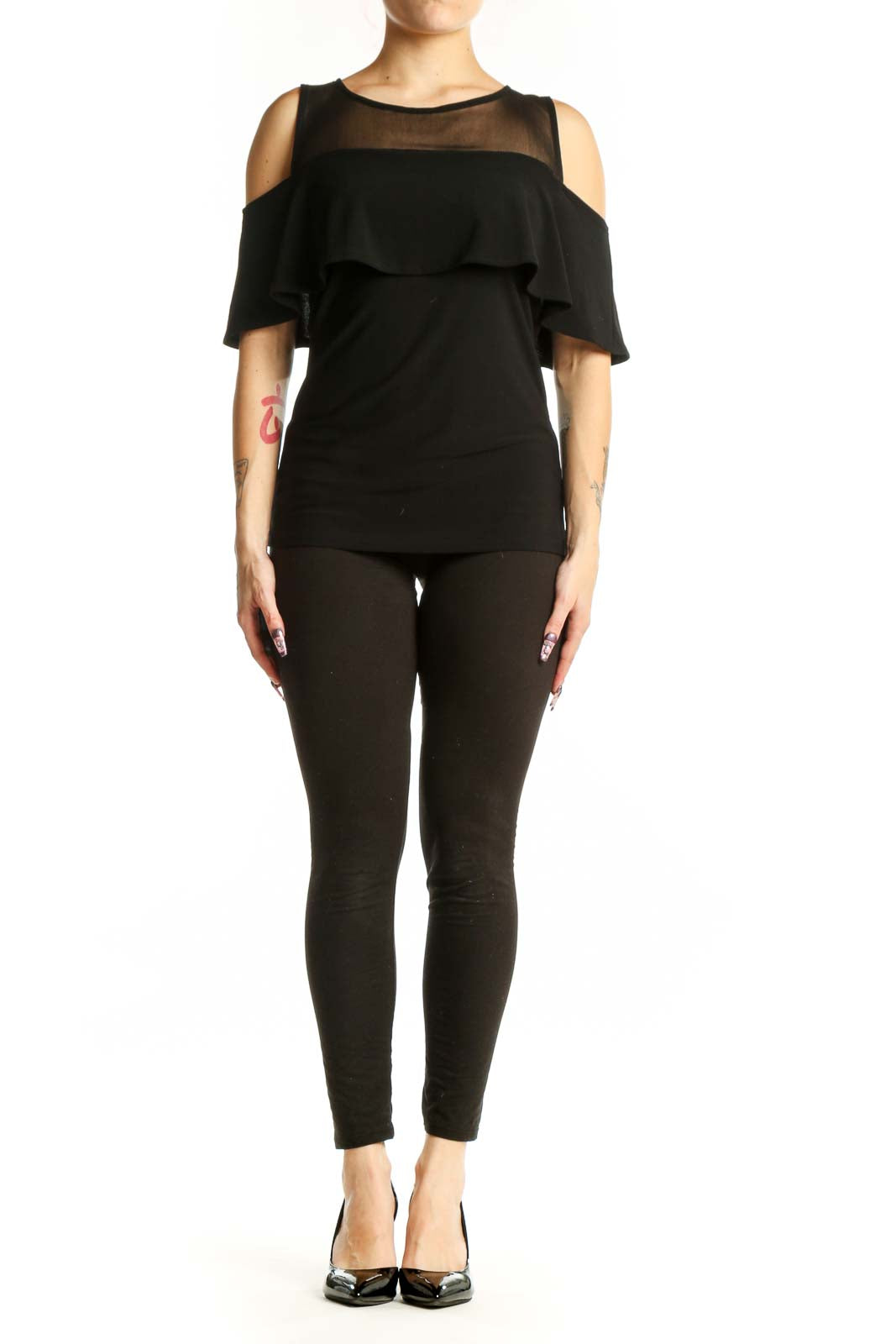 Black cold shoulder ruffle top with sheer mesh neckline and cutout details, front view