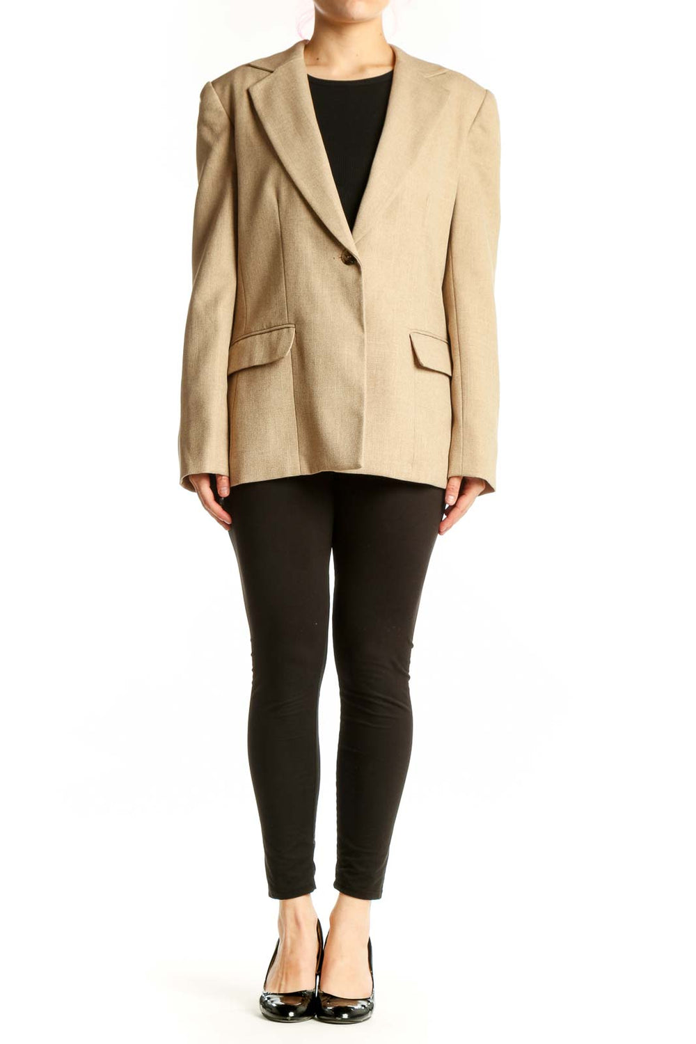 Beige tailored blazer with single-button closure and notch lapel, front view on model