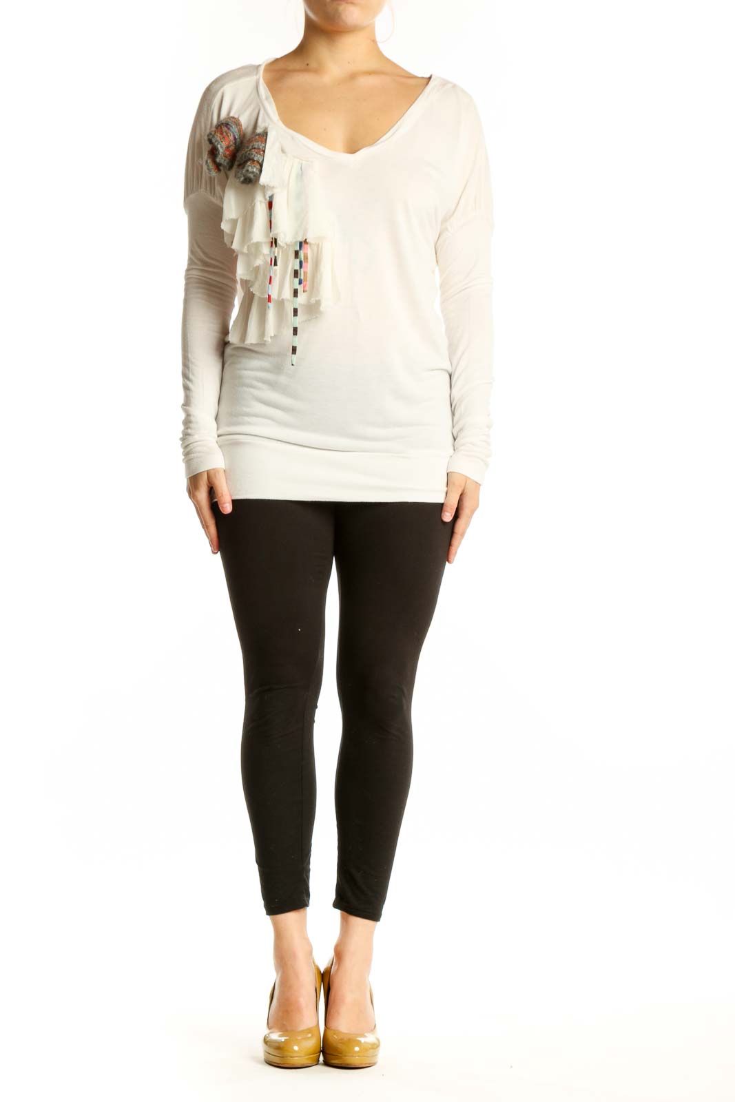 Cream viscose long-sleeve top by M Missoni with V-neckline and colorful tassel embellishment on front