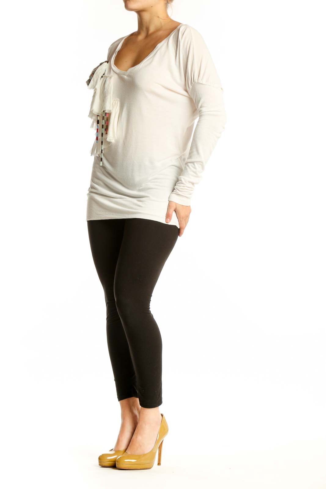 Cream viscose long-sleeve top by M Missoni with V-neckline and colorful tassel embellishment on front