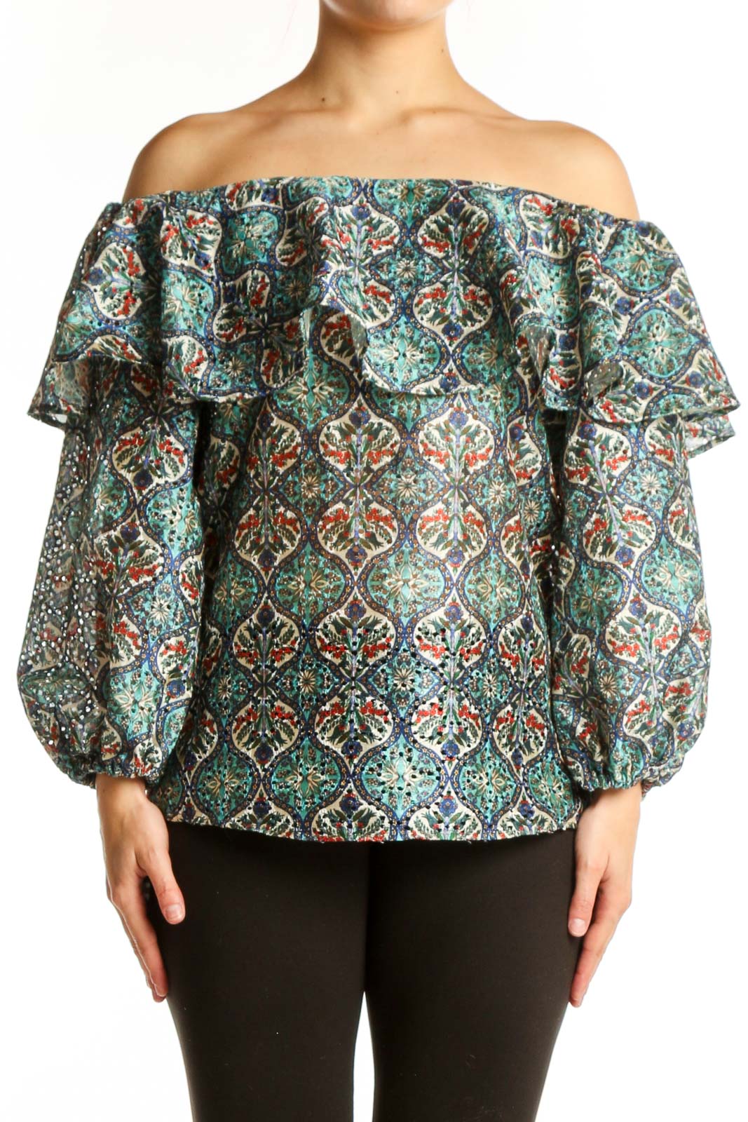 Multicolor ornate damask off-shoulder ruffle top with billowing sleeves by Sachin + Babi, front view