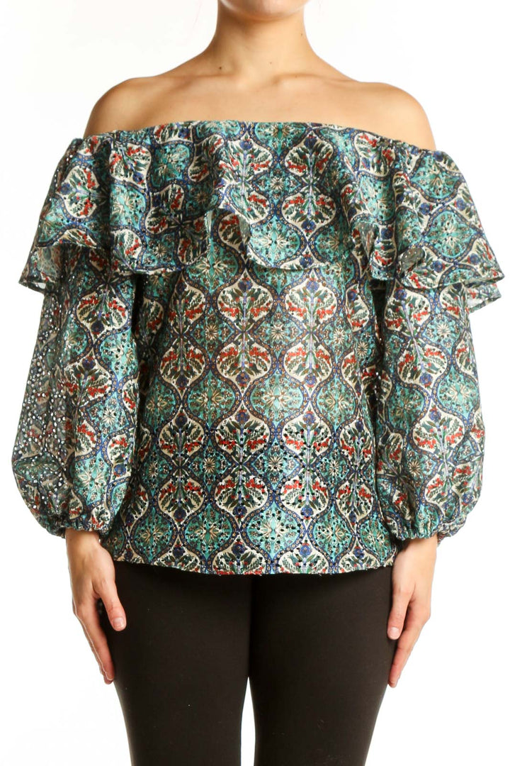Multicolor ornate damask off-shoulder ruffle top with billowing sleeves by Sachin + Babi, front view