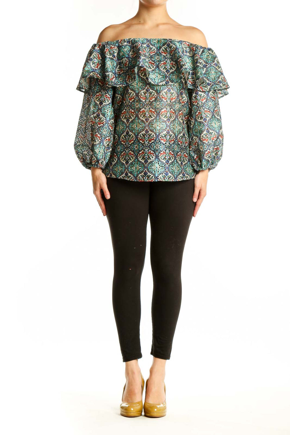 Multicolor ornate damask off-shoulder ruffle top with billowing sleeves by Sachin + Babi, front view