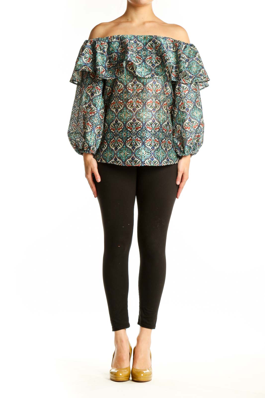 Multicolor ornate damask off-shoulder ruffle top with billowing sleeves by Sachin + Babi, front view